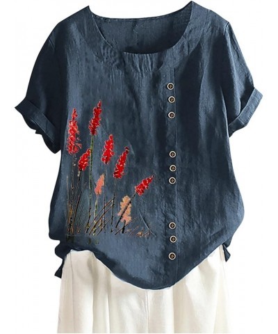 Women Floral Cotton Linen Shirt Boho Casual Loose T-Shirts Cute Tunic Tops 2023 Summer Spring Chic Ladies Blouses Navy 2 $6.3...