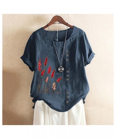 Women Floral Cotton Linen Shirt Boho Casual Loose T-Shirts Cute Tunic Tops 2023 Summer Spring Chic Ladies Blouses Navy 2 $6.3...