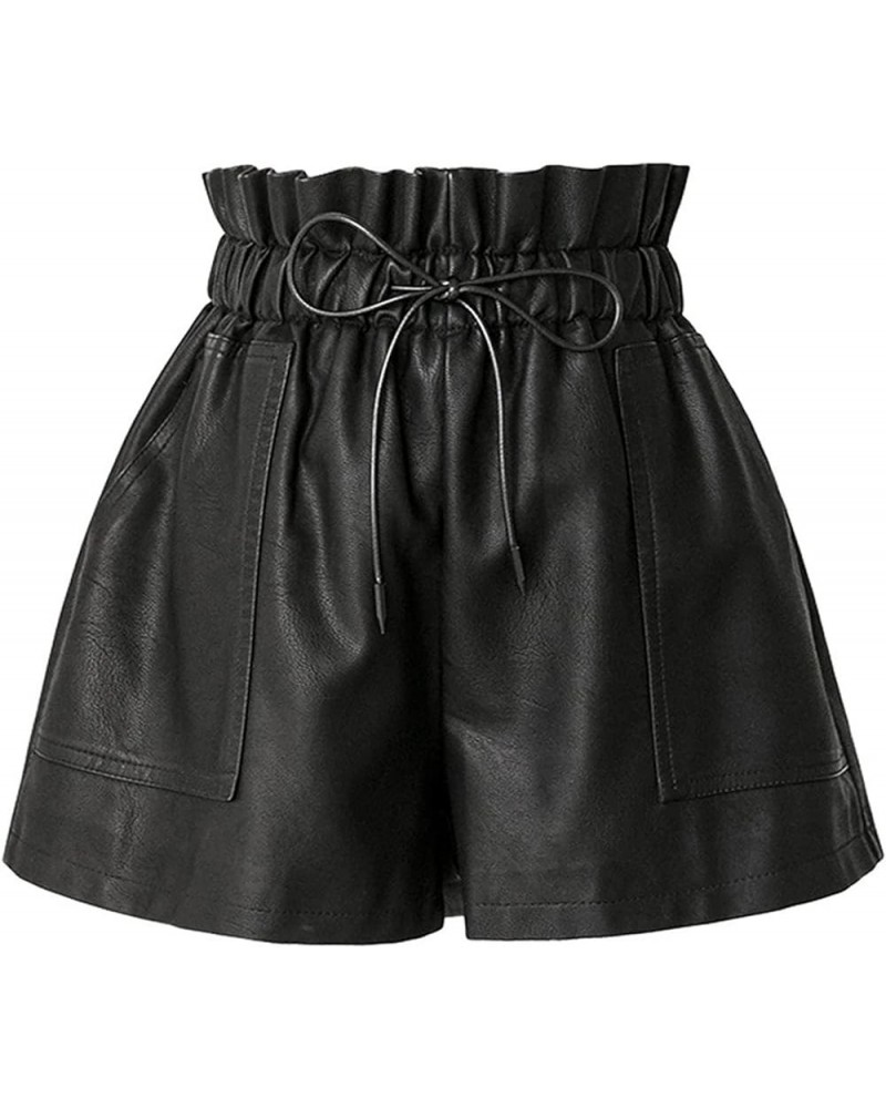 Faux Leather Shorts Stretchy High Waisted Wide Leg with Pockets for Women Black 03 $21.82 Shorts