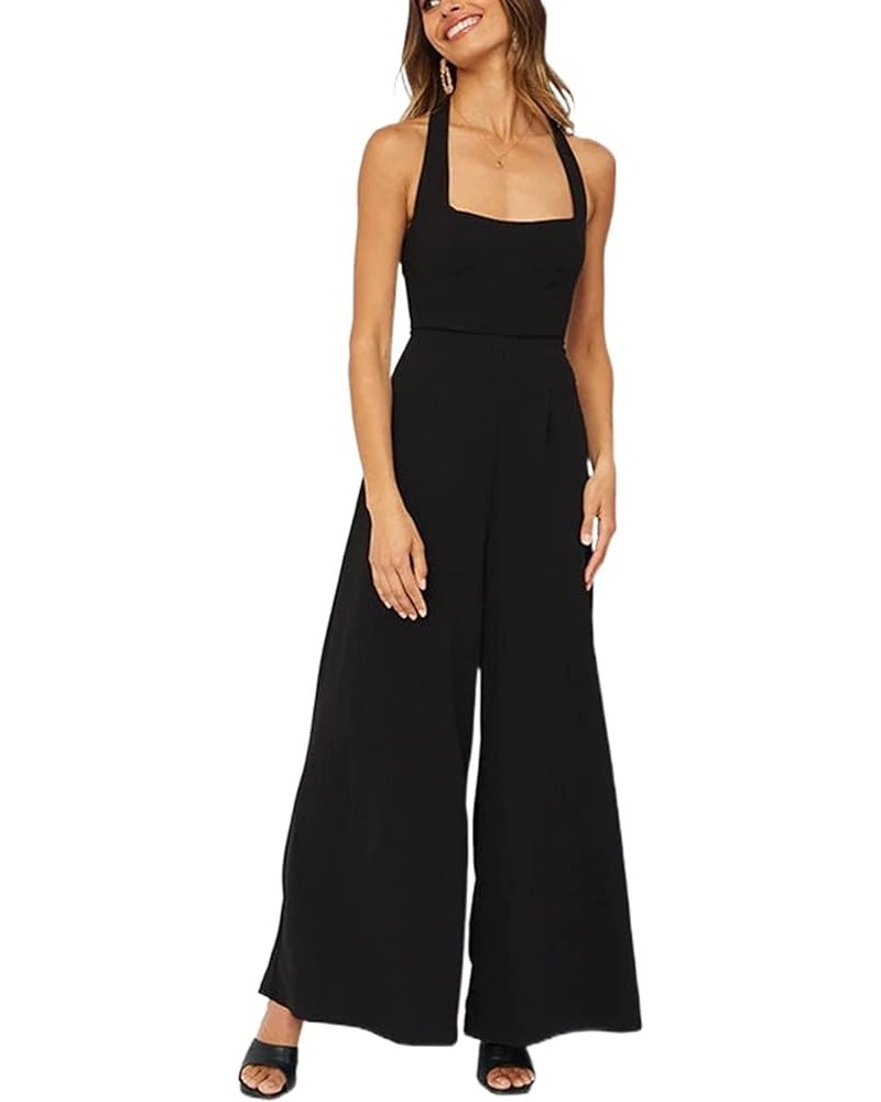 Women's Cotton Wide Leg Pants Jumpsuits Casual One Piece Vintage Solid Color Button Dressy Loose Rompers Overalls Black Halte...