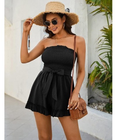 Women's Summer Rompers Cotton Linen Smocked Short Jumpsuits Off Shoulder Ruffle Vacation Beach Outfits S-XXL Black $14.28 Rom...