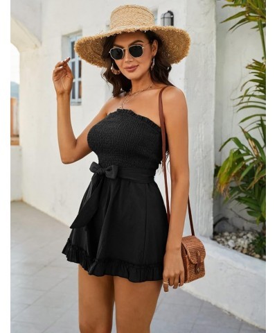 Women's Summer Rompers Cotton Linen Smocked Short Jumpsuits Off Shoulder Ruffle Vacation Beach Outfits S-XXL Black $14.28 Rom...