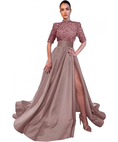 Mock Turtle Neck Prom Dresses Half Sleeve Formal Gowns Sequins Satin Evening Dress A-Line Ball Gown Slit JS0005 Mauve $44.19 ...