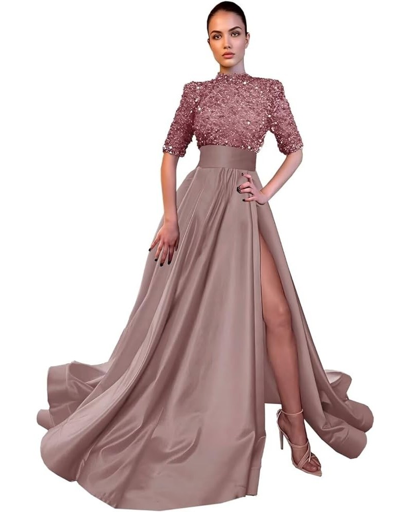 Mock Turtle Neck Prom Dresses Half Sleeve Formal Gowns Sequins Satin Evening Dress A-Line Ball Gown Slit JS0005 Mauve $44.19 ...