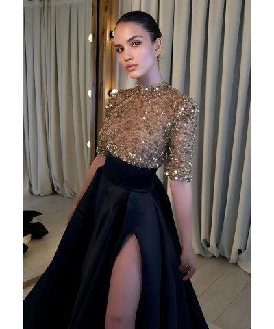 Mock Turtle Neck Prom Dresses Half Sleeve Formal Gowns Sequins Satin Evening Dress A-Line Ball Gown Slit JS0005 Mauve $44.19 ...