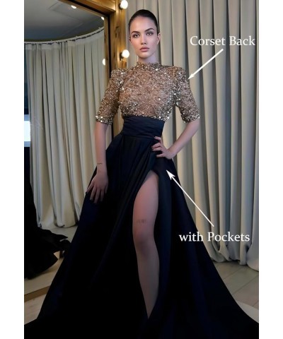 Mock Turtle Neck Prom Dresses Half Sleeve Formal Gowns Sequins Satin Evening Dress A-Line Ball Gown Slit JS0005 Mauve $44.19 ...