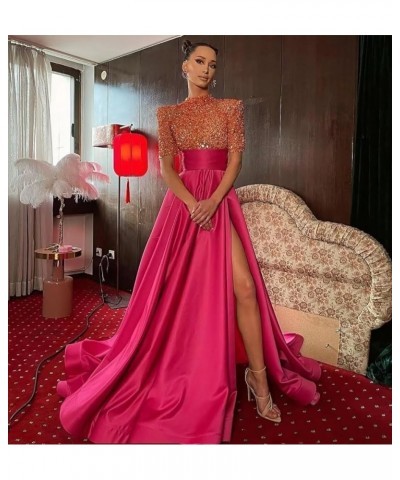 Mock Turtle Neck Prom Dresses Half Sleeve Formal Gowns Sequins Satin Evening Dress A-Line Ball Gown Slit JS0005 Mauve $44.19 ...