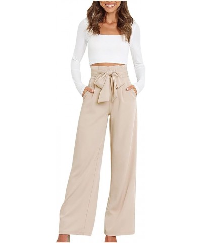 Paper Bag Pants Women High Waist Wide Leg Palazzo Lounge Pant with Pockets Adjustable Tie Knot Loose Trousers Elegant 02 Beig...