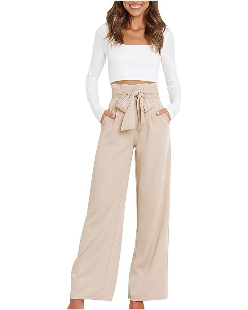 Paper Bag Pants Women High Waist Wide Leg Palazzo Lounge Pant with Pockets Adjustable Tie Knot Loose Trousers Elegant 02 Beig...