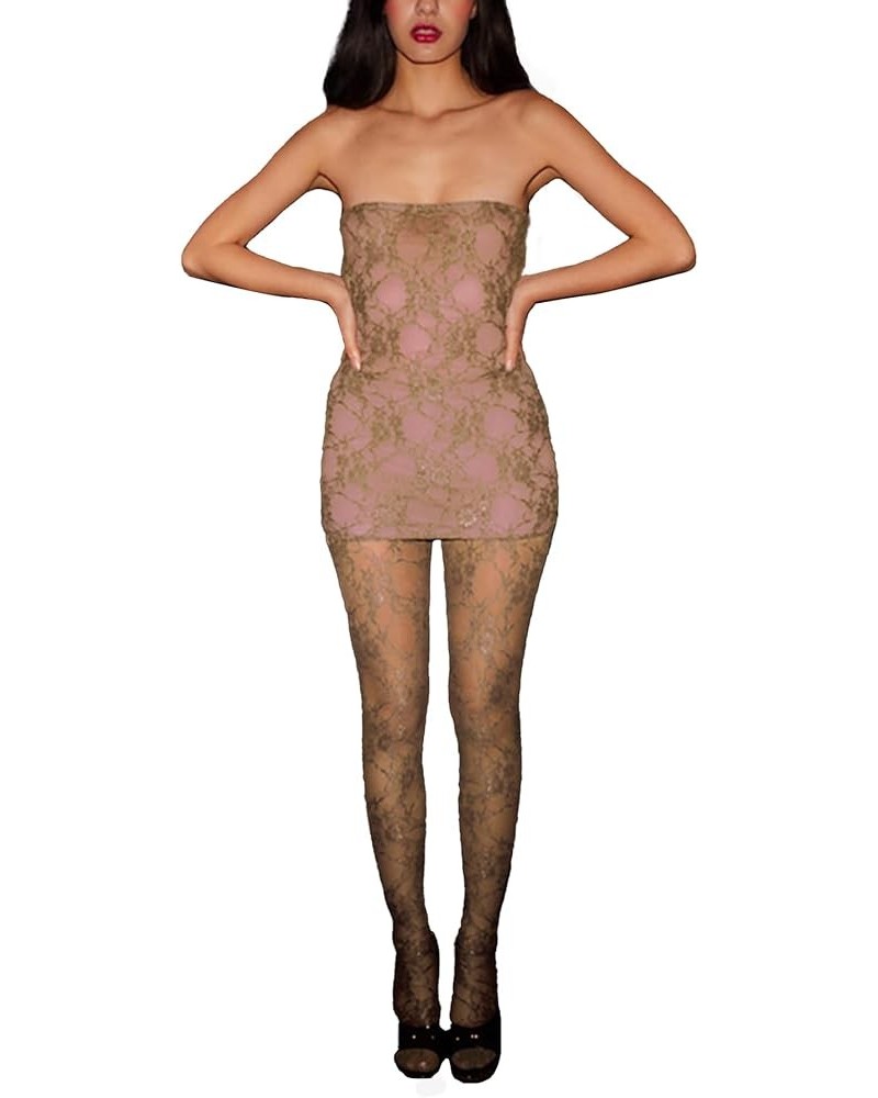 2 Piece Womens Dresses Sexy Lace Dress Off Shoulder Tube Mini Dress Top with Stockings Set S3211867g-coffee $10.91 Dresses