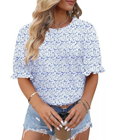 Plus Size Floral Print Blouses for Women Crewneck Smocked Puff Sleeve Shirts Casual Babydoll Tops Sky Blue $12.00 Blouses