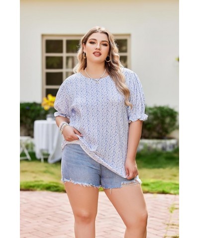 Plus Size Floral Print Blouses for Women Crewneck Smocked Puff Sleeve Shirts Casual Babydoll Tops Sky Blue $12.00 Blouses