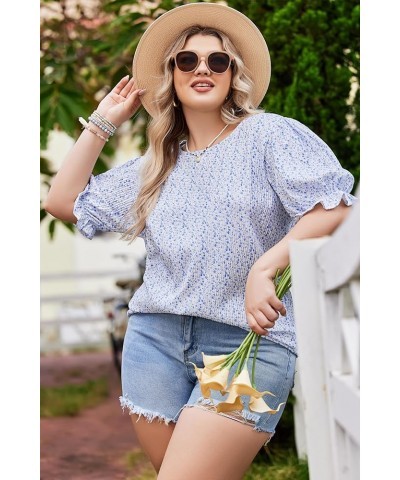 Plus Size Floral Print Blouses for Women Crewneck Smocked Puff Sleeve Shirts Casual Babydoll Tops Sky Blue $12.00 Blouses