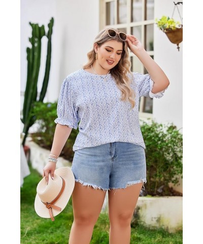 Plus Size Floral Print Blouses for Women Crewneck Smocked Puff Sleeve Shirts Casual Babydoll Tops Sky Blue $12.00 Blouses