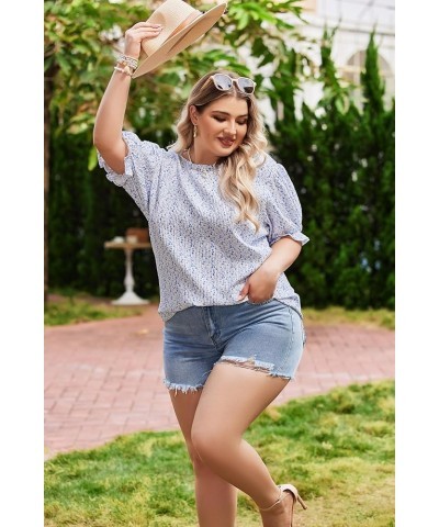 Plus Size Floral Print Blouses for Women Crewneck Smocked Puff Sleeve Shirts Casual Babydoll Tops Sky Blue $12.00 Blouses