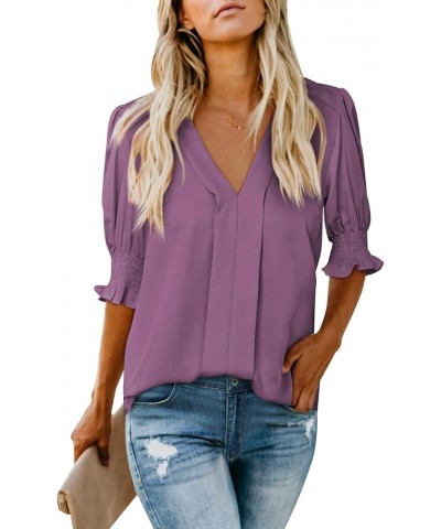 V Neck Blouses for Women Dressy Casual Summer Puff Ruffle Short Sleeve Shirt Tops B Purple $10.83 Blouses