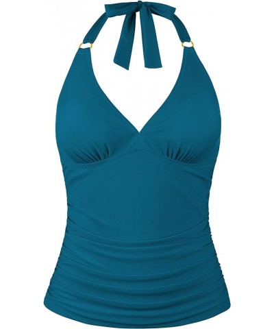 Women's Halter Tankini Tops Only V Neck Swimsuit Ruched Tummy Control Bathing Suit Tops Moroccan Blue $18.86 Swimsuits