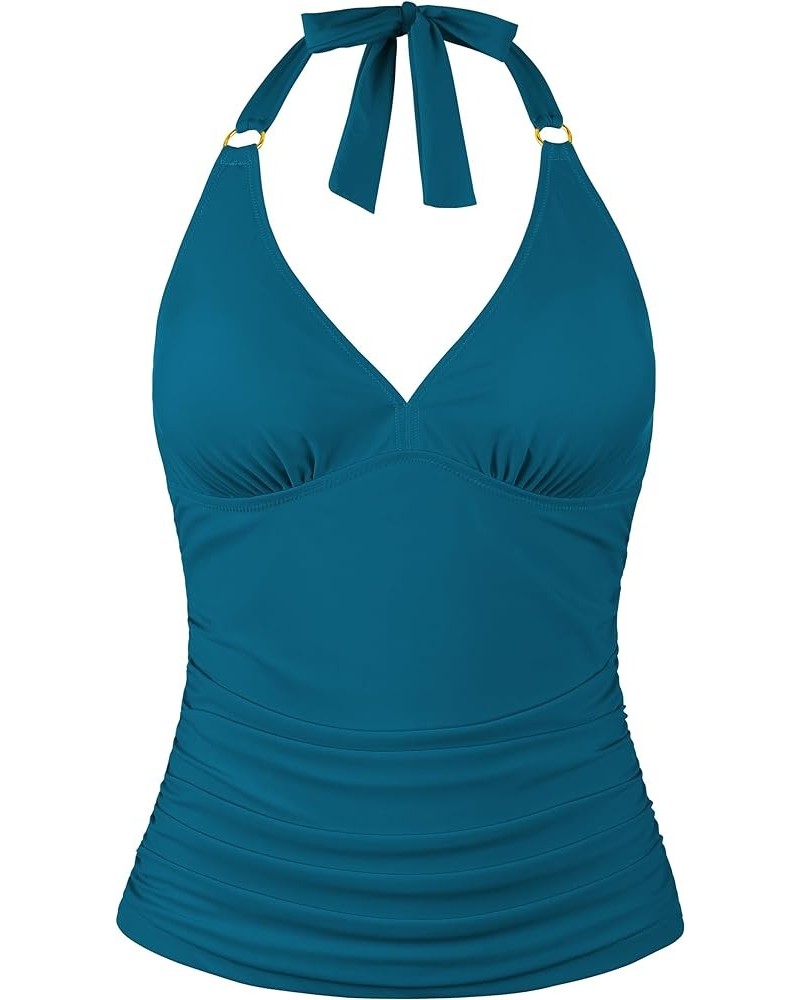 Women's Halter Tankini Tops Only V Neck Swimsuit Ruched Tummy Control Bathing Suit Tops Moroccan Blue $18.86 Swimsuits