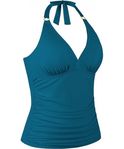 Women's Halter Tankini Tops Only V Neck Swimsuit Ruched Tummy Control Bathing Suit Tops Moroccan Blue $18.86 Swimsuits