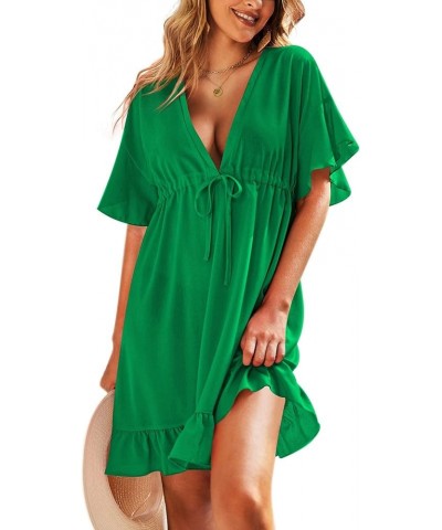 Swimsuit Cover Ups Women's Bathing Suit V Neck Ruffle Sleeve Soft Coverups Dress Green $18.87 Swimsuits