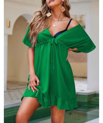 Swimsuit Cover Ups Women's Bathing Suit V Neck Ruffle Sleeve Soft Coverups Dress Green $18.87 Swimsuits