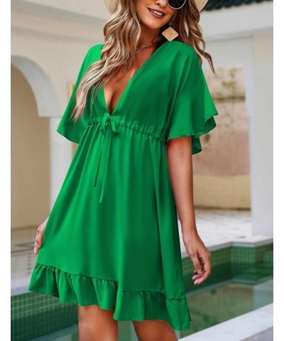 Swimsuit Cover Ups Women's Bathing Suit V Neck Ruffle Sleeve Soft Coverups Dress Green $18.87 Swimsuits