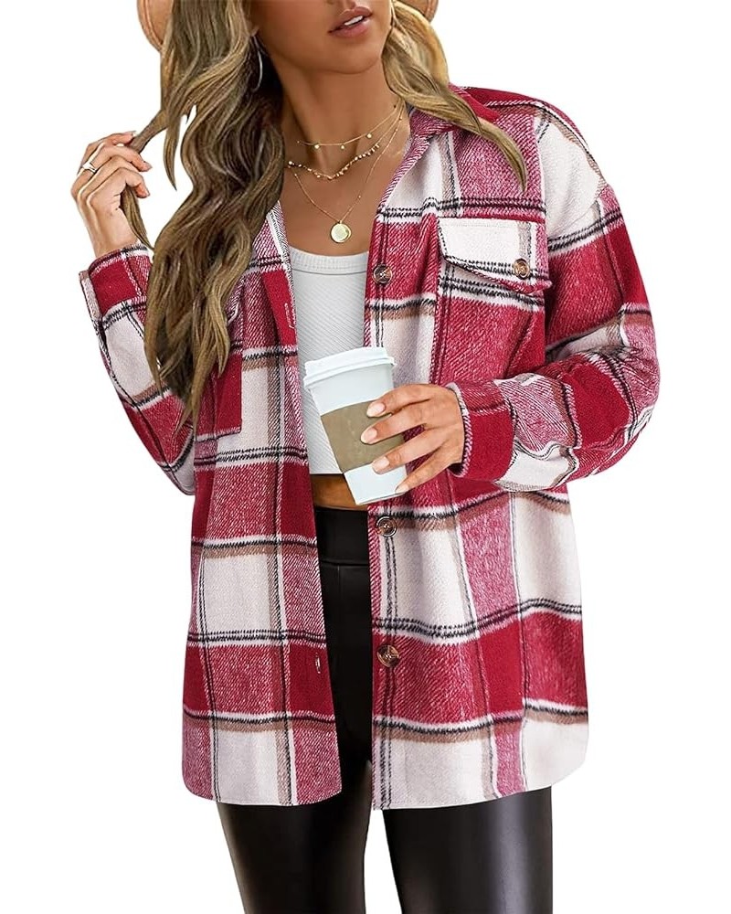 Womens Plaid Flannel Shacket Jacket Casual Lapel Button Coats Long Sleeved Fall Fashion Short Jackets Pockets Red $8.15 Jackets