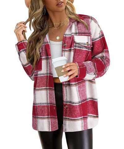 Womens Plaid Flannel Shacket Jacket Casual Lapel Button Coats Long Sleeved Fall Fashion Short Jackets Pockets Red $8.15 Jackets