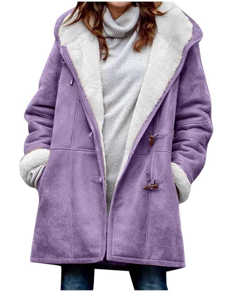 Women's Fleece Winter Warm Jackets Sherpa Lined Fuzzy Coats Button Down Casual Collar Outerwear Loose Teddy Coats 023 Purple ...