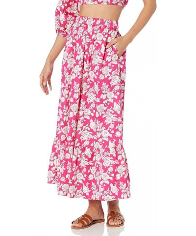 Women's Anupa Cotton Tiered Midi Skirt Hot Pink Floral $25.91 Skirts