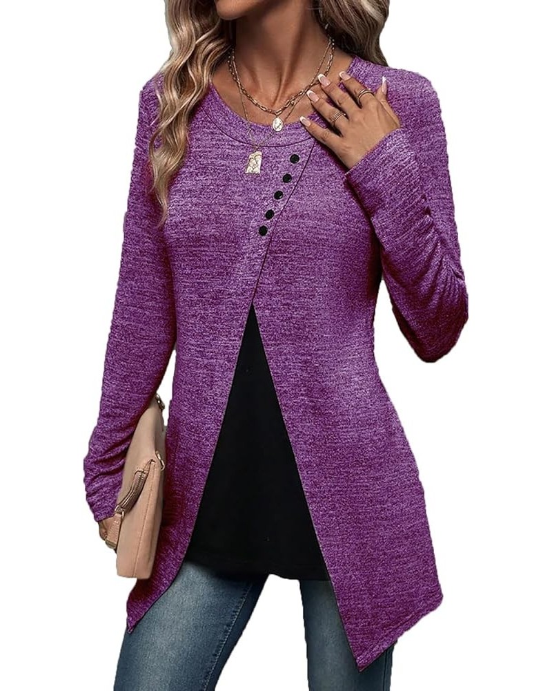 Asymmetrical Tops for Women 2024 Long Sleeve Side Split Hem Tunics Casual Pullover Crew Neck Print Fall Blouse Shirts Purple ...