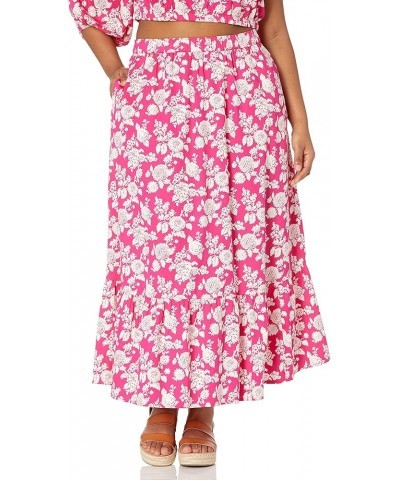 Women's Anupa Cotton Tiered Midi Skirt Hot Pink Floral $25.91 Skirts