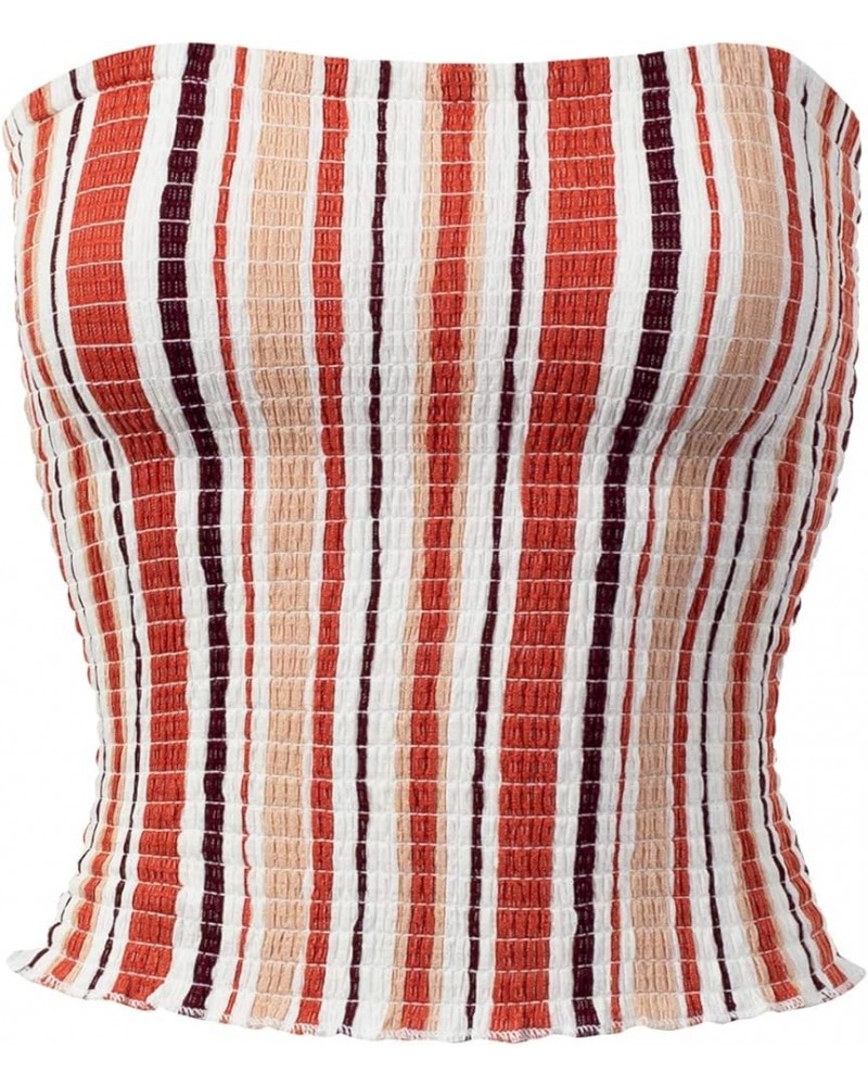 Women's Strapless Smocked Lettuce Hem Stretch Bustier Bandeau Crop Tube Top E Rust $10.39 Tanks