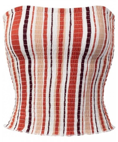 Women's Strapless Smocked Lettuce Hem Stretch Bustier Bandeau Crop Tube Top E Rust $10.39 Tanks