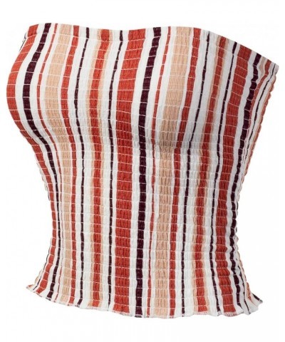 Women's Strapless Smocked Lettuce Hem Stretch Bustier Bandeau Crop Tube Top E Rust $10.39 Tanks