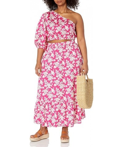 Women's Anupa Cotton Tiered Midi Skirt Hot Pink Floral $25.91 Skirts