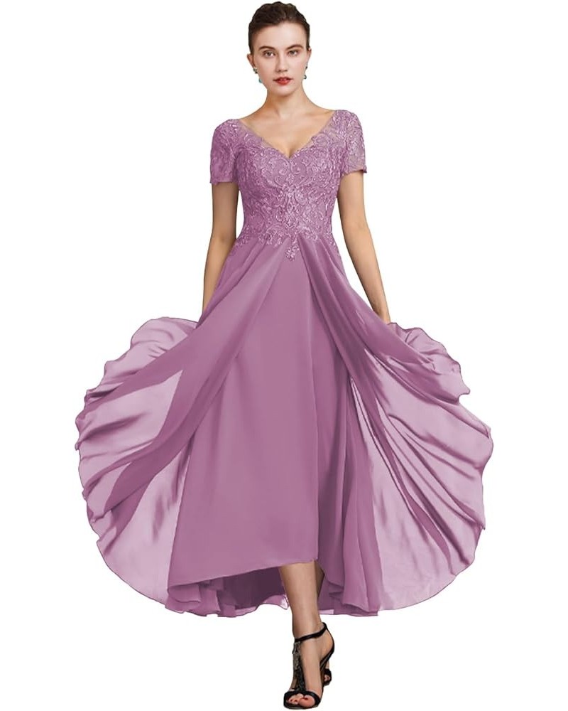 V Neck Mother of Bride Dresses for Wedding with Sleeves Tea Length Chiffon Lace Appliques Formal Evening Gown for Women Mauve...