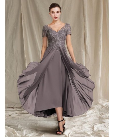 V Neck Mother of Bride Dresses for Wedding with Sleeves Tea Length Chiffon Lace Appliques Formal Evening Gown for Women Mauve...