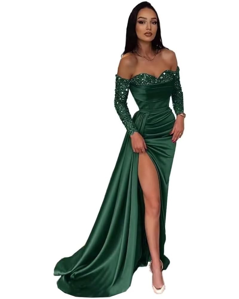 Long Sleeve Sequin Prom Dresses Off Shoulder Satin Formal Party Dresses Sweetheart Evening Gown with Slit Emerald Green $45.7...