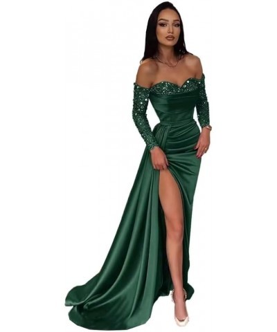 Long Sleeve Sequin Prom Dresses Off Shoulder Satin Formal Party Dresses Sweetheart Evening Gown with Slit Emerald Green $45.7...