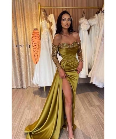 Long Sleeve Sequin Prom Dresses Off Shoulder Satin Formal Party Dresses Sweetheart Evening Gown with Slit Emerald Green $45.7...