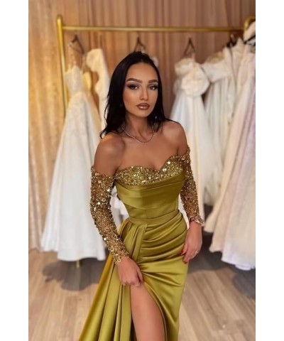 Long Sleeve Sequin Prom Dresses Off Shoulder Satin Formal Party Dresses Sweetheart Evening Gown with Slit Emerald Green $45.7...