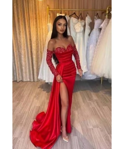 Long Sleeve Sequin Prom Dresses Off Shoulder Satin Formal Party Dresses Sweetheart Evening Gown with Slit Emerald Green $45.7...