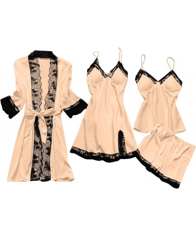 Sexy Pajama Set For Women Four Piece Lace Trim Lingerie Nightwear Robes Silky Pjs Sets Camisole Short Pants 01 Beige $12.64 S...