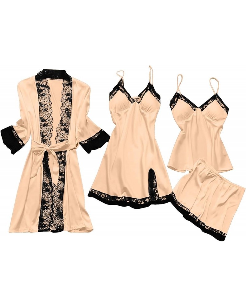 Sexy Pajama Set For Women Four Piece Lace Trim Lingerie Nightwear Robes Silky Pjs Sets Camisole Short Pants 01 Beige $12.64 S...