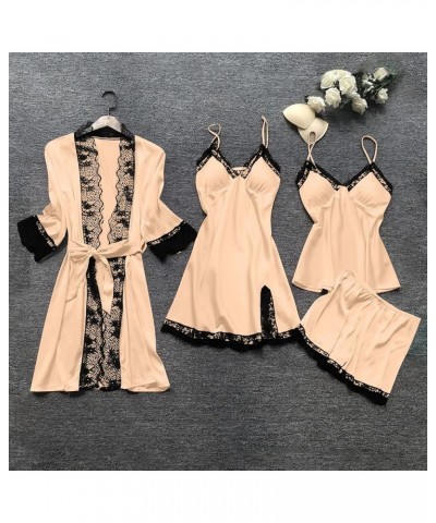 Sexy Pajama Set For Women Four Piece Lace Trim Lingerie Nightwear Robes Silky Pjs Sets Camisole Short Pants 01 Beige $12.64 S...