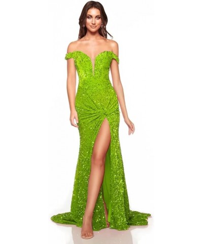 Sparkly Off Shoulder Prom Dresses Long with High Slit Mermaid Sequin Dress for Women Wedding Party Formal Gowns Fluorescent G...