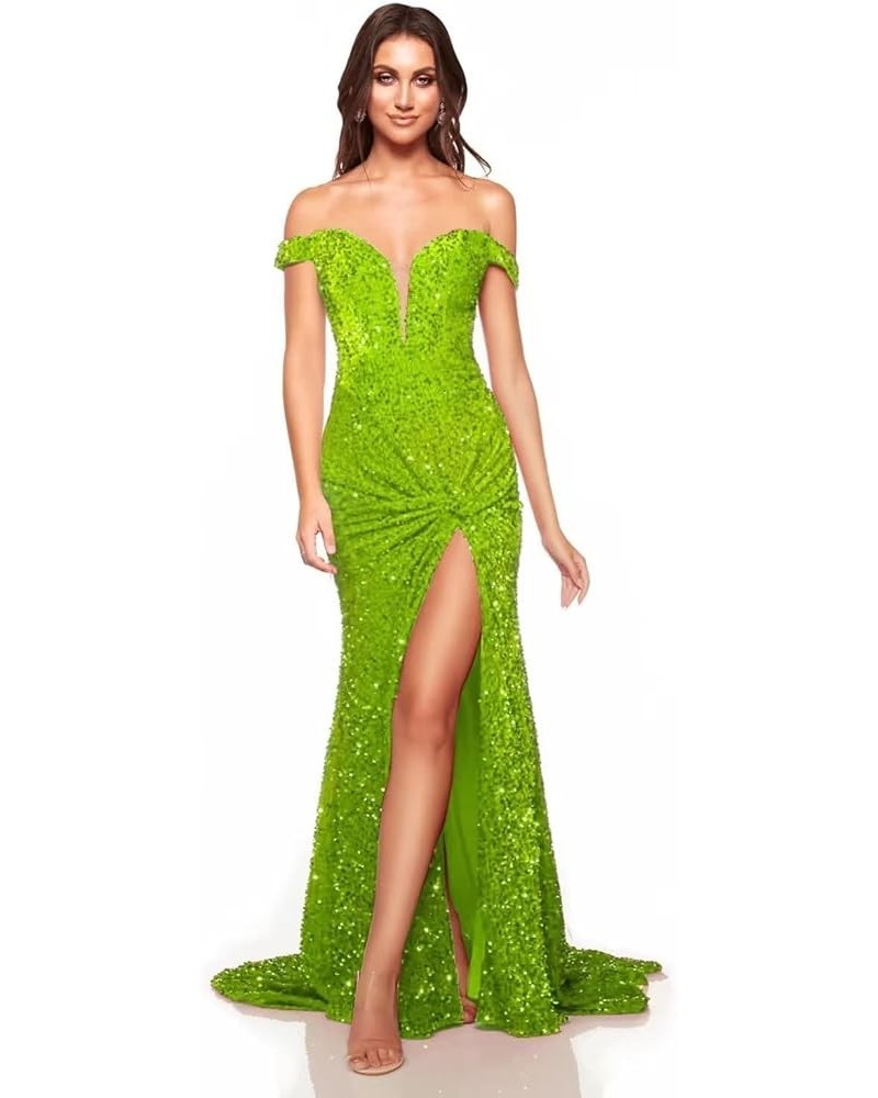 Sparkly Off Shoulder Prom Dresses Long with High Slit Mermaid Sequin Dress for Women Wedding Party Formal Gowns Fluorescent G...