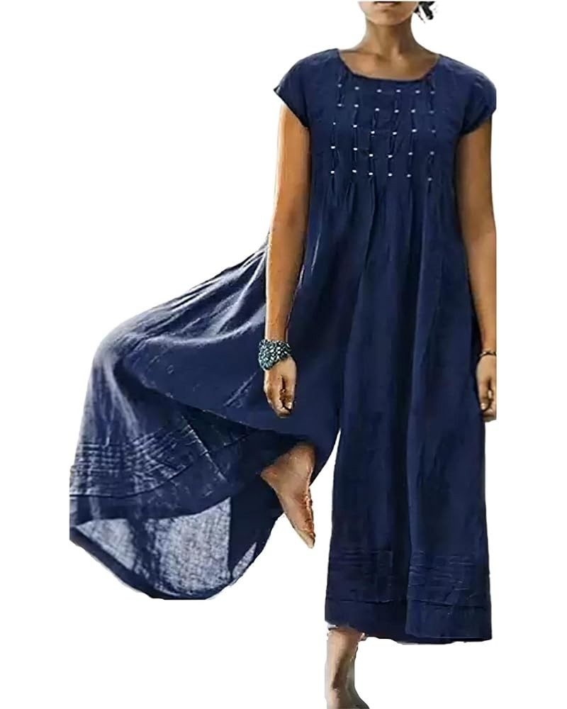 Womens Linen Short Sleeve Jumpsuit Loose Square Neck Overall Casual Plus Size Long Wide Leg Pant Romper Blue $17.48 Overalls