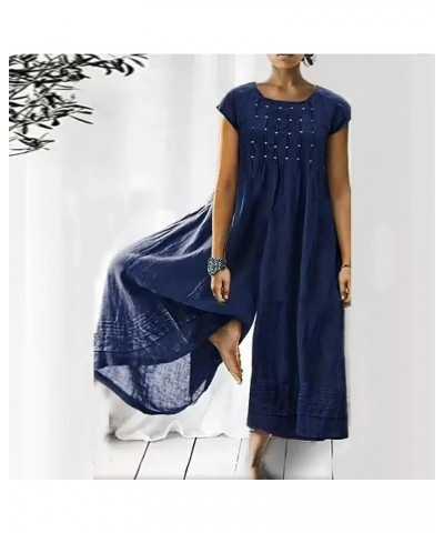 Womens Linen Short Sleeve Jumpsuit Loose Square Neck Overall Casual Plus Size Long Wide Leg Pant Romper Blue $17.48 Overalls